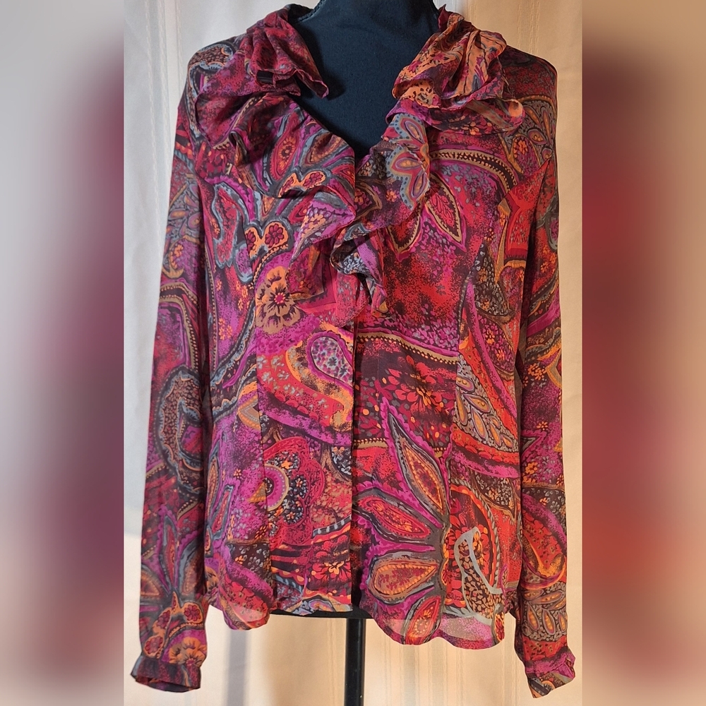 Coldwater Creek Ruffled Paisley Blouse in Pink and Orange